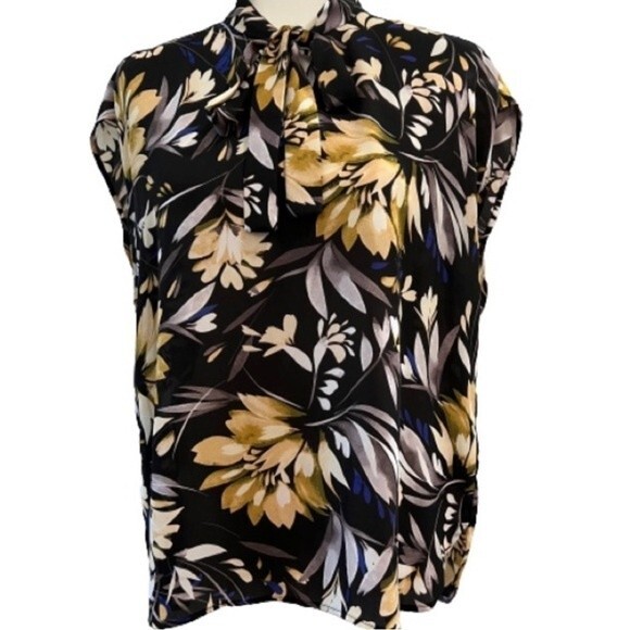 Nine West tie neck black floral blouse top size large - Picture 2 of 8